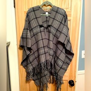 Macys black and grey plaid wrap/ poncho/ shawl